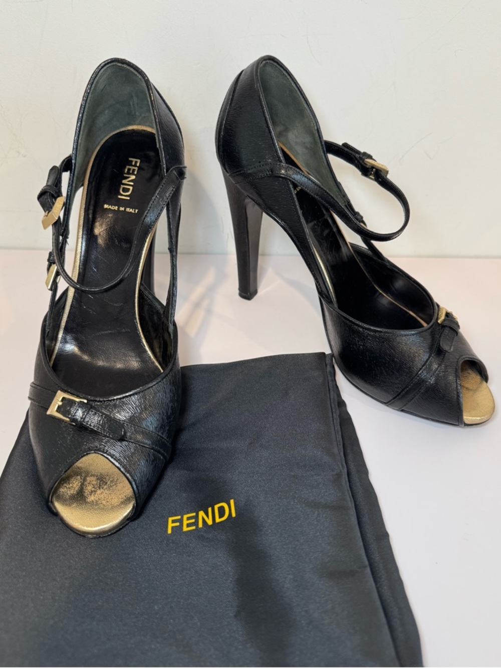 Fendi Black Leather Peep Toe D’Orsay Pumps W Gold Buckle Accents, Size 39